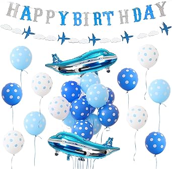 飛行機 風船 バルーン 誕生日 飾り付け 男の子 ヘリコプター ブルー happy birthday バナー ガーランド